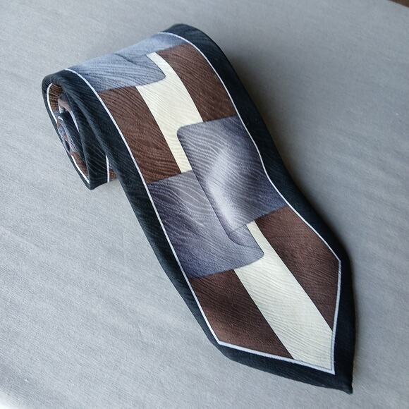 Vintage Y2K Silk Neck Tie geometric grey ribbon brown cream black wood texture - Picture 14 of 14